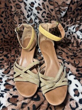 UGG Women's Tan Braided Ankle-Strap Wedge Sandals
